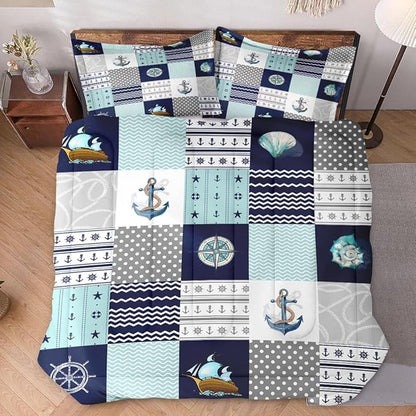 King Size Comforter Set with 2 Pillowcases, Nautical Blue Marine Summer 3 Pcs Bedding for Kids and Adults, Sea Ocean Boat Plaid Soft Comforter Set for Bedroom Bed Decor