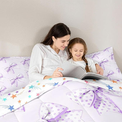 Erosebridal Cartoon Dot Bow Girls Toddler Bedding Set Purple Princess Bowknot Comforter Set Cute Kawaii Butterfly Knot Bedding Comforter Sets for Kids Teen Women,Dreamy Coquette Bow Bed Set