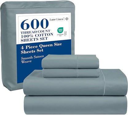 LANE LINEN 100% Cotton Bed Sheets – 600 Thread Count Cooling Sheets Queen, Durable Daily Use Bedding, Value Comfort for Night Rest, Hotel Sateen Finish, Snug Fit 15" Deep Pocket – Blue