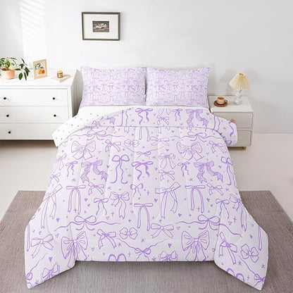 Cartoon Bowknot Kids Bedding Set King Size,Purple Bow Tie Comforter Set 3Pcs,Butterfly Knot Princess Girls Quilt Set for Teens Woman,Bow Stars Love Sweet Girly Duvet Insert,2 Pillowcases