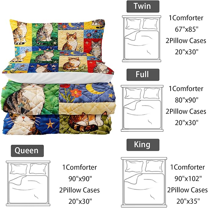 Cartoon Cat Comforter Set Queen Size 3PCS,Cat Puzzle Bedding Set for Teen Adult,Floral Cat Animal Themed Room Decor Ultra-Soft Lightweight Microfiber with 2 Pillowcases
