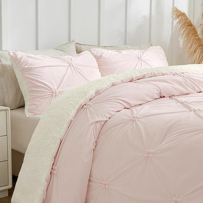 BEDELITE Pintuck Fluffy Twin Comforter Set - Super Soft Sherpa Pink Comforter for Twin Size Bed, Luxury Warm Bedding Set for Winter, Fuzzy Bed Set 2 Piece (1 Comforter, 1 Pillowcase)