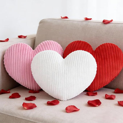 Cumule 3Pcs Valentine's Day Heart Pillows Ribbed Large Love Heart Pillows Red Ivory Pink Pillows for Valentines Day Living Room Bedroom Decor