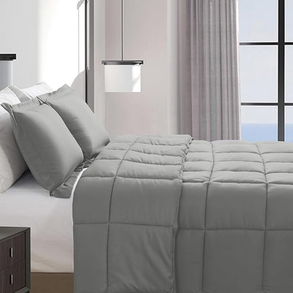 Elegant Comfort 3-Piece Box Stitched Down Alternative Comforter with Shams - Ultra Soft for All Season Duvet Insert with Corner Tabs, Plush Cozy 3PC Comforter Set, Oversize King, Silver Gray