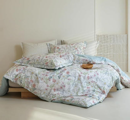 Cotton King Size Comforter Set, 3Pcs Flower Print Botanical Comforter for All Seasons, Luxury Warmth Comfy Breathable Bedding Set with 1 Lightweight Comforter and 2 Pillow Shams