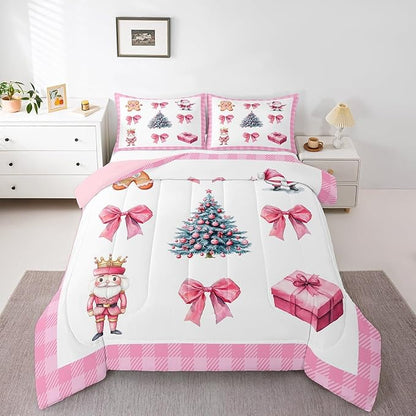 Erosebridal Christmas Tree Bedding Comforter Sets Pink Xmas Bowknot Bedding Set Full for Kids Girls Teen,Cute Santa Claus Gingerbread Man Comforter Set Kawaii Grid Plaid Quilt Duvet