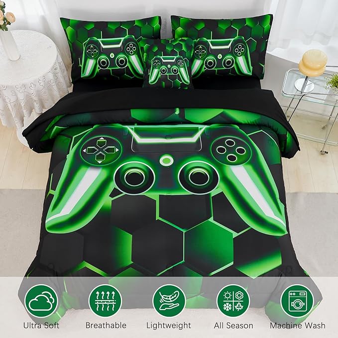 URBONUR Black Green Game Comforter Set Full Size for Boys Cool Tech Style Teen Room Decor 6Pcs Bed-in-a-Bag with Sheet Set Soft Lightweight Kids Bedding for All Seasons