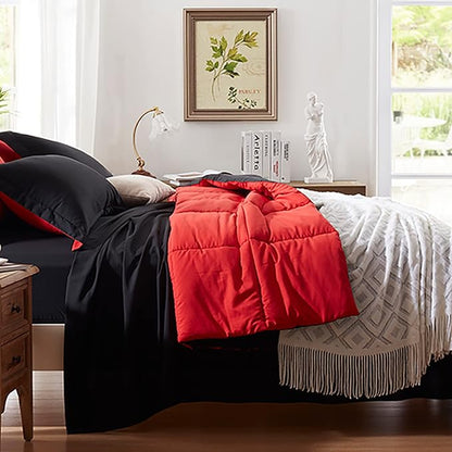 Anluoer Queen Comforter Set 7 Piece, Reversible Bed in a Bag Queen Size, Lightweight Bedding Set with 1 Comforter(88"*88"), 2 Pillow Shams, 2 Pillowcases, 1 Flat Sheet, 1 Fitted Sheet, Red & Black