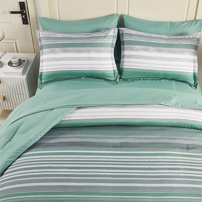 KAKIJUMN 5 Piece Bed in a Bag Stripe Comforter Set Twin Size, White Grey Sage Green Patchwork Striped Comforter and Sheet Set, All Season Soft Microfiber Complete Bedding Set(Green,Twin)