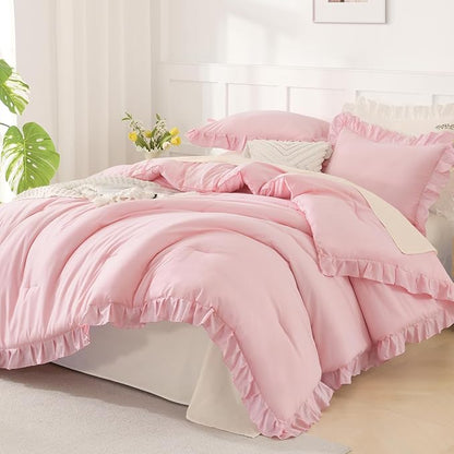 Andency Oversized King Ruffle Comforter Set 120x120, 3 Pieces Pink Lightweight Fluffy Super King Bedding Set, Shabby Chic Famhouse All Season Bed Set for Girls Women