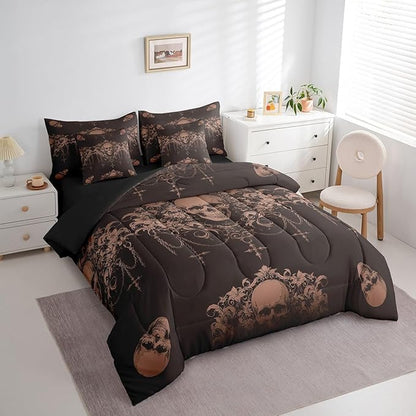 Erosebridal Gothic Bed in a Bag Queen Comforter Set 7 Piece,Goth Sugar Skull Clay Brown Damask Bedding Set,Bohemian Vintage Floral Comforter and Sheet Set,Exotic Antique Victorian Baroque Decor