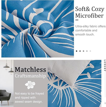 Menghomeus California King Comforter Set Blue Floral Comforter Botanical Bedding Sets Cal King Soft Microfiber Bed Comforter Set for All Season, 3 Pieces (1 Comforter, 2 Pillowcases)