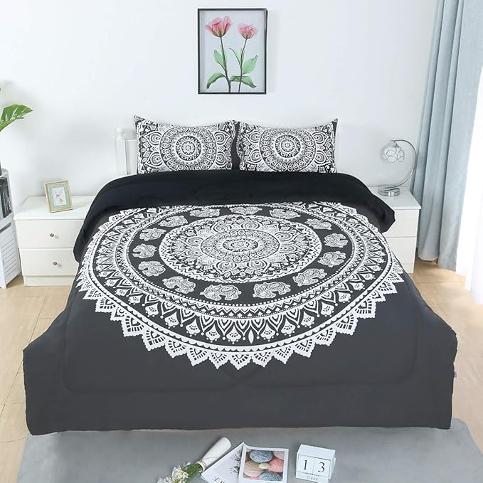 uxcell 3-Piece Bohemian Black Comforter Sets - 3D Printed Bohemia Themed - All-Season Down Quilted Duvet - Reversible Design - Includes 1 Comforter, 2 Pillow Cases King