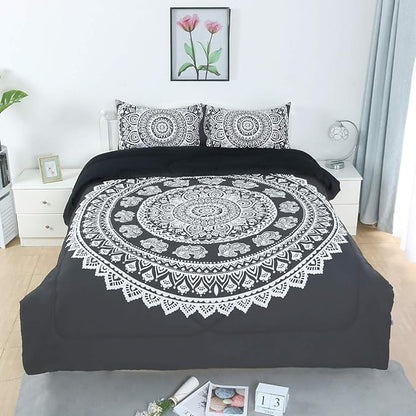 uxcell 3-Piece Bohemian Black Comforter Sets - 3D Printed Bohemia Themed - All-Season Down Quilted Duvet - Reversible Design - Includes 1 Comforter, 2 Pillow Cases King