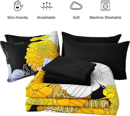Yiran Floral Comforter Set California King,7 Pieces Bed in a Bag Soft Microfiber Comforter Bedding with Comforter Flat Sheet Fitted Sheet Pillow Shams Pillowcases,104"x96"