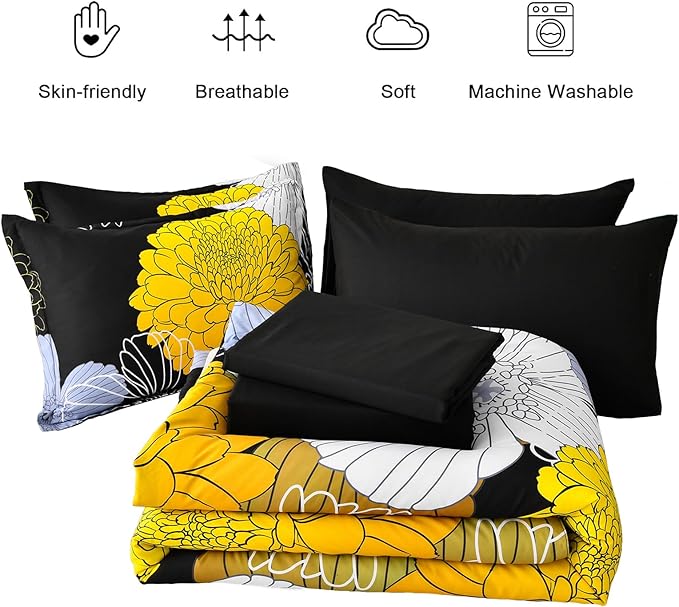 Yiran Bed in a Bag Queen Yellow Black Comforter Set 7 Pieces Soft Microfiber Floral Boho Bedding Set with 1 Comforter 1 Flat Sheet 1 Fitted Sheet 2 Pillowshams 2 Pillowcases