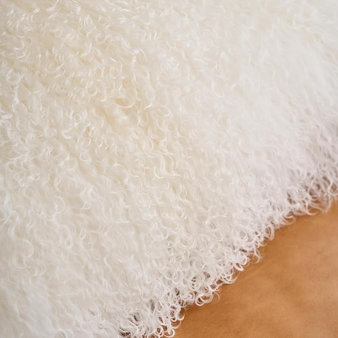 Genuine Mongolian Lamb Fur Pillow Cover – 12"x20" Rectangular Cushion Case – Soft Curly Wool Decorative Accent for Sofa, Bed, or Chair (Natural White)