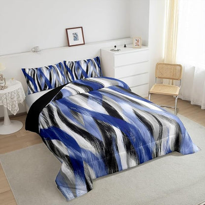Erosebridal Geometric Stripes Comforter King Modern Abstract Comforter Set Black Grey Navy Blue Bedding Set for Kids Boys Girls Teen Swirl Lines Quilt Duvet Room Decor 3 Pcs