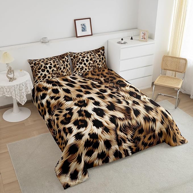 Feelyou Leopard Print Comforter Set - Cheetah Print Bedding Set for Kids - 1 Comforter Set with 2 Pillowcases - Queen Size