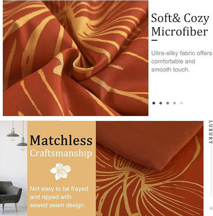 Menghomeus Terracotta Comforter Set King Gold Floral Bedding Burnt Orange Botanical Bedding Sets Lightweight Thanksgiving Bed Comforter Set (1 Comforter, 2 Pillowcases)