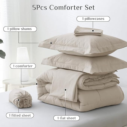 JOLLYVOGUE Twin Comforter Set, Ultra-Soft Bed in a Bag Twin Size 5 Pieces, Oeko-TEX Certified Bedding Set with Down Alternative Comforter, Sheets, Pillowcases & Shams, Oatmeal