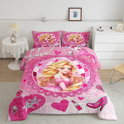 Castle Princess Kids Comforter Set Queen Size,High-heeled Shoes Lip Bowknot Fashion Bedding Set,Girls Women Room Decor,Glitter Stars Sequins Down Comforter,Pink Romantic Duvet Insert,2 Pillowcases