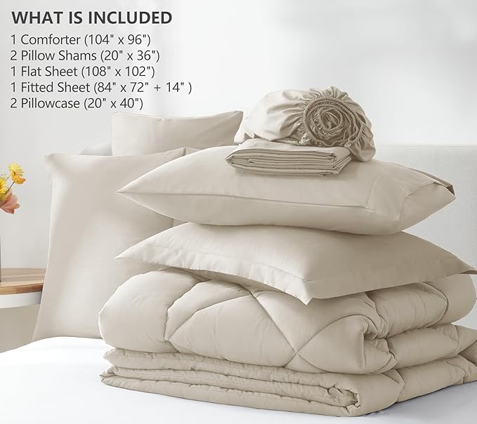 CozyLux California King Comforter Set Oatmeal - Cal King Bed in a Bag 7 Pieces, Luxury Soft Bed Set for All Seasons, Bedding Set with Down Alternative Comforter, Sheets, Pillowcases & Shams
