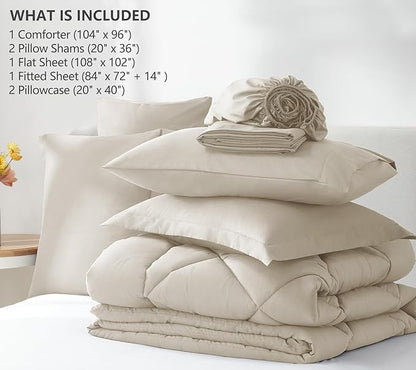 CozyLux California King Comforter Set Oatmeal - Cal King Bed in a Bag 7 Pieces, Luxury Soft Bed Set for All Seasons, Bedding Set with Down Alternative Comforter, Sheets, Pillowcases & Shams