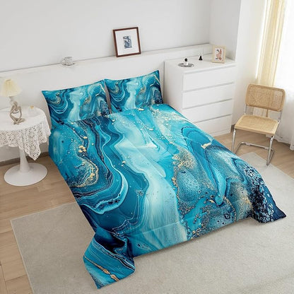 Erosebridal Marble Comforter Set,Teal Blue Marble Down Comforter Gold Liquid Quicksand Design Quilted Duvet,Turquoise Decorative 2 Piece Bedding Set with 1 Pillow Sham,Twin Size