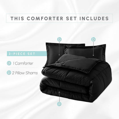 Elegant Comfort 3-Piece Box Stitched Down Alternative Comforter with Shams - Ultra Soft for All Season Duvet Insert with Corner Tabs, Plush Cozy 3PC Comforter Set, California King, Black