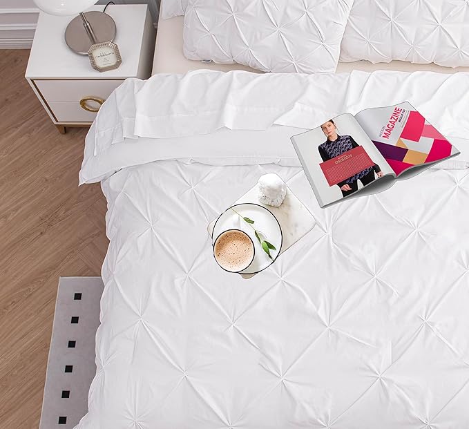 LANE LINEN Twin Comforter Set, 5 Piece Twin Bedding Sets, Ultra Soft Pintuck Twin Bed in a Bag Set with Down Alternative Comforter, Sheets, Pillowcase & Sham, Pinch Pleated Bedding Set - White