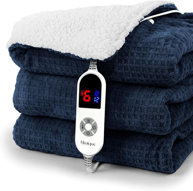 Heated Blanket Electric Blanket Full Waffle,72x84 Inches Sherpa Fleece Fast Heating Blanket 6 Heating Levels & 10 Hours Auto Off ETL Certification, Navy Full
