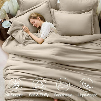 FUANNA Queen Comforter Set Oatmeal, 7 Pieces Soft Bedding Sets Queen Size, All Season Lightweight Bed in a Bag with Comforter, Flat Sheet, Fitted Sheet, Pillowcases & Shams