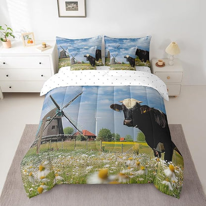 Erosebridal 7Pcs Full Comforter Set with Sheets, Rustic Cow Print Bedding Set for Kids, Windmill Decor Natural Dandelion Bed in a Bag Comforter Sets for Boys Girls Farmhouse Decor