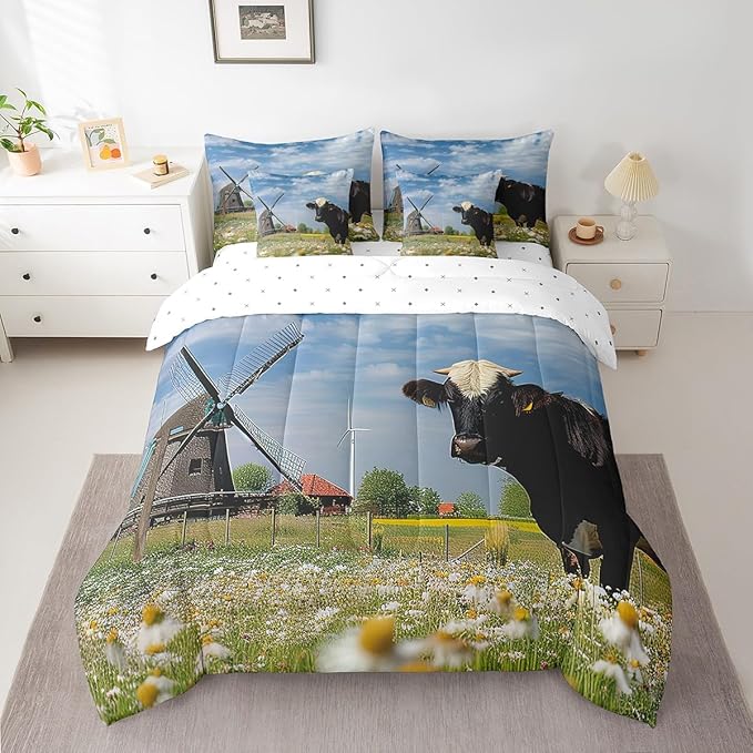 Erosebridal 7Pcs King Comforter Set with Sheets, Rustic Cow Print Bedding Set for Kids, Windmill Decor Natural Dandelion Bed in a Bag Comforter Sets for Boys Girls Farmhouse Decor