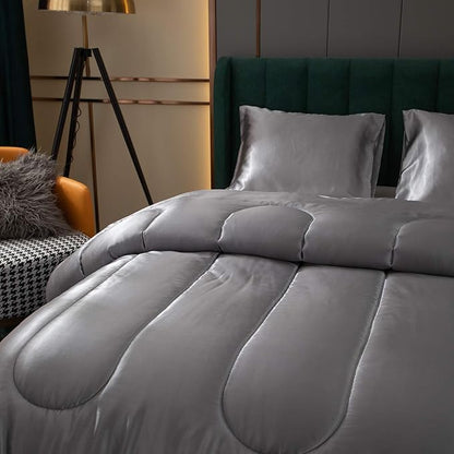 Bedding Dreamer Satin Comforter Queen Size Grey Silky Set with 2 Pillowcases