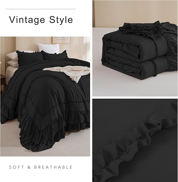 QSH Oversized King Comforter 128x120,3PCs Black Farmhouse Lightweight Ruffled Bedding Comforter Set Shabby Boho Chic California King Bed Comforter Set French Country Soft Microfiber Fluffy Bed Set