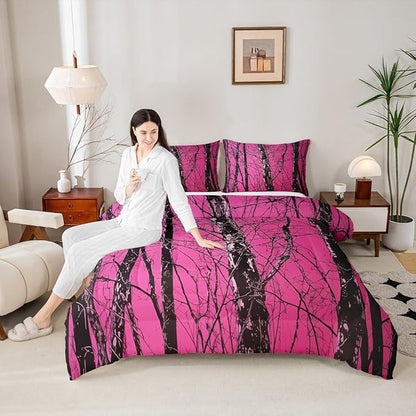 Erosebridal Cabin Lodge King Bedding Set,Woodland Rustic Comforter Set for Girls Boys Kids,Hot Pink Camo Hunting Comforter,Retro Farmhouse Bedroom Decor with 2 Pillowcases,Breathable