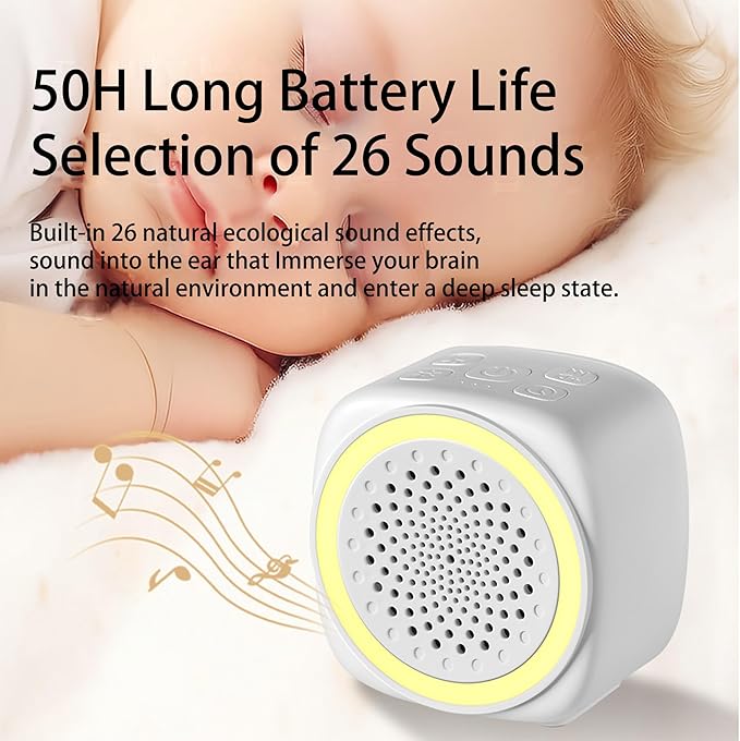 Portable Sound Machine for Baby Adults Travel, 26 Nature Sounds, 9 Color Night Light, Adjustable Volume, 3 Timers Memory Function Mini White Noise Sound Machine for Sleeping Office Privacy Hotel Gift