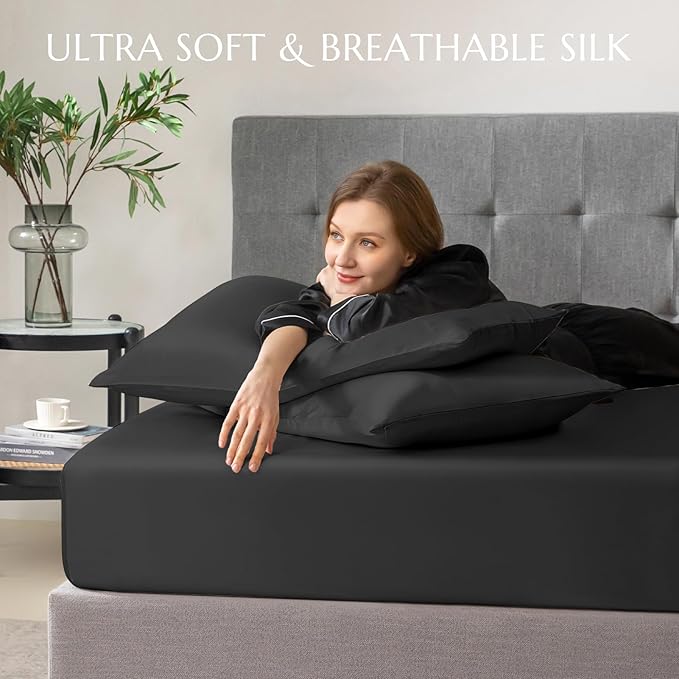 THXSILK 100% Mulberry Silk Fitted Sheet Set, 7A+ Silk 3 Pieces Bed Sheets, Breathable, Smooth, 16 Inch Deep Pocket Fitted Sheet, 2 Pillowcases - Black, California King