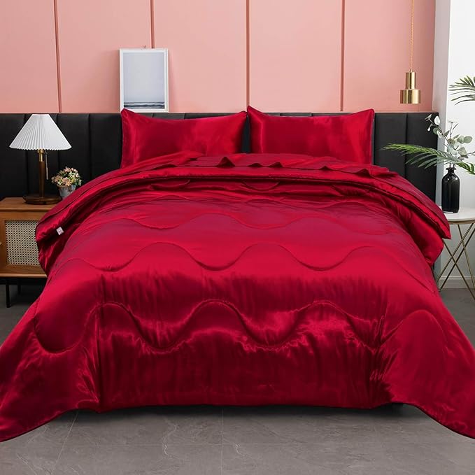 A Nice Night Satin Silky Soft Quilt Sexy Luxury Super Soft Microfiber Bedding Comforter Set, Light Weighted (Red, King)