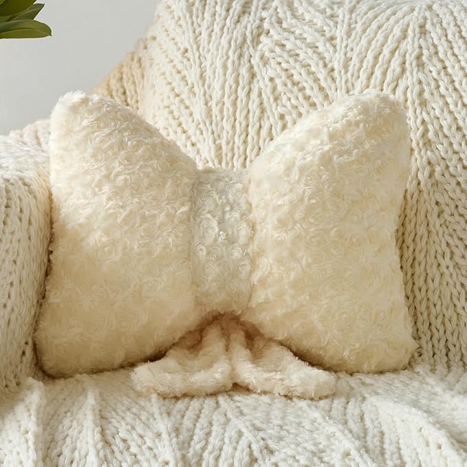 Bow Pillow, Decorative Bow Pillows with Soft Plush for Couch Bed, Bow Shaped Throw Pillow Room Decor for Bedroom, Bow Decorative Pillow for Living Room (Beige, Large-16 Inches)