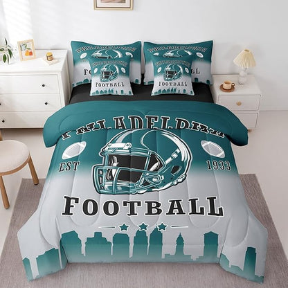 Erosebridal Football Comforter Set with Sheets American Soccer City Queen 7 Piece Bedding Set for Kids Teen Adults,Rugby Sports Green Grey Bed in A Bag Sports Competitive Games Bed Set
