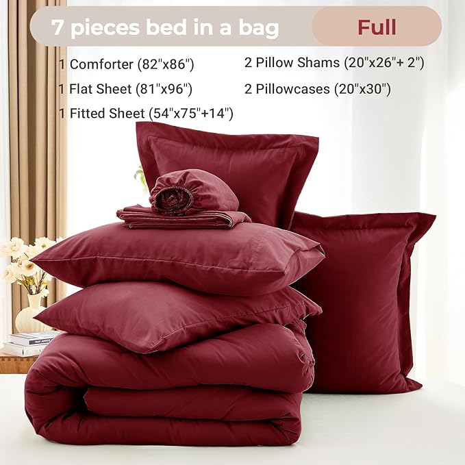 MUXHOMO 7 Pieces Full Comforter Set, Soft Bed in a Bag Full Size, All Season Bedding Set with Comforter, Flat Sheet, Fitted Sheet, Pillowcases & Shams, Burgundy Red