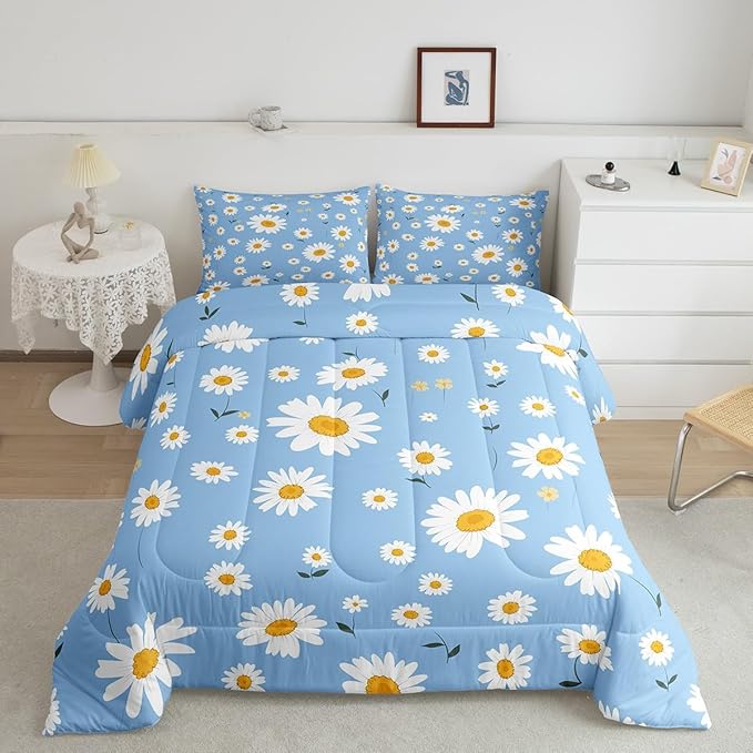 Manfei White Daisy Comforter Set King Size, Botanical Garden Artwork Quilt Set with 2 Pillowcases, Plants Theme Floral Bedding Set 3pcs for Kids Girls Room Decor Lightweight Duvet Insert