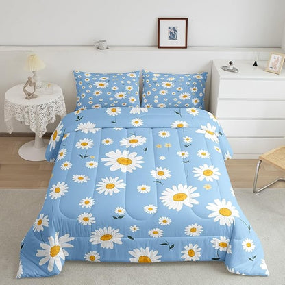 Manfei White Daisy Comforter Set King Size, Botanical Garden Artwork Quilt Set with 2 Pillowcases, Plants Theme Floral Bedding Set 3pcs for Kids Girls Room Decor Lightweight Duvet Insert