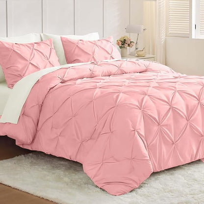 JOLLYVOGUE Queen Comforter Set 7 Pieces - Bed in a Bag Queen for All Season, Pintuck Bedding Comforter Sets with Comforter, Flat Sheet, Fitted Sheet and Pillowcases & Shams, Pink & Ivory