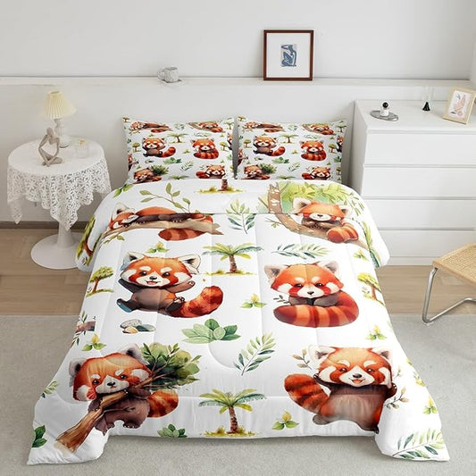 Manfei Cute Raccoon Kids Comforter Sets King Size,Cartoon Animal Bear Bedding Comforter Sets,Botanical Plants Quilt Sets for Boys Adult Bedroom Decor,Lovely Raccoon Duvet Insert with 2 Pillowcases