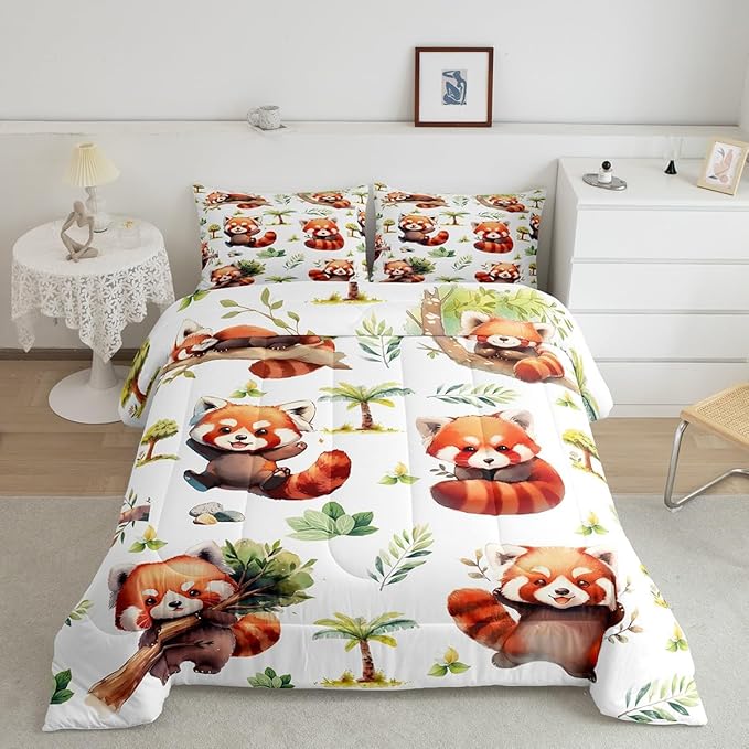 Manfei Cute Raccoon Kids Comforter Sets Queen Size,Cartoon Animal Bear Bedding Comforter Sets,Botanical Plants Quilt Sets for Boys Adult Bedroom Decor,Lovely Raccoon Duvet Insert with 2 Pillowcases