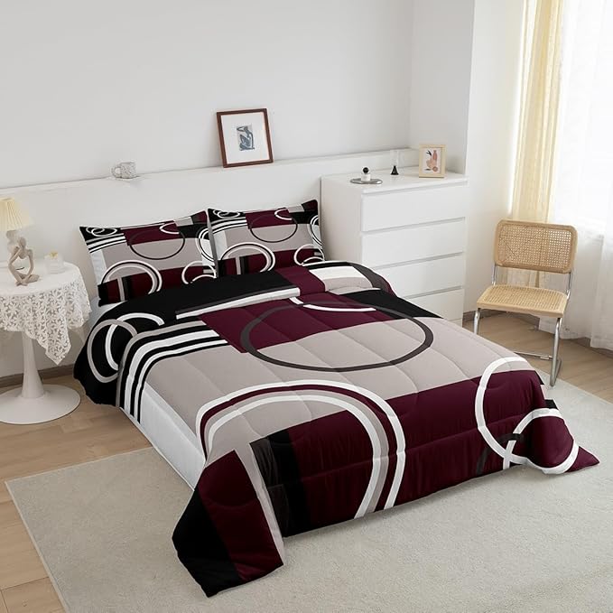 Erosebridal Modern Purple Grey Black Stripe Comforter Set Geometric Down Comforter Twin Size Retro Circle Swirls Bedding Set Bedroom Decor Abstract Texture Color Art Duvet Set for Kids Adult